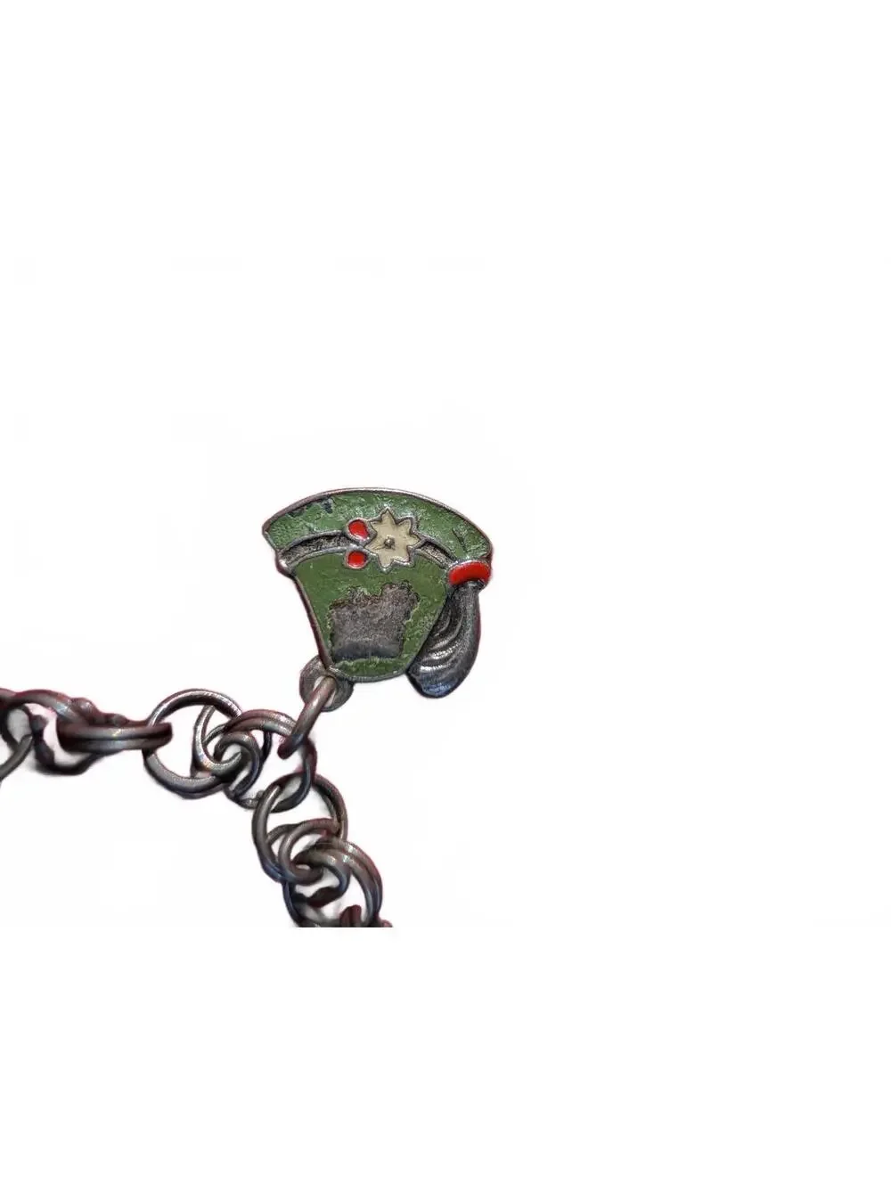Vintage Silver Tone Charm Bracelet with Enamel Dog, Clover, Horseshoe, Pinecone,